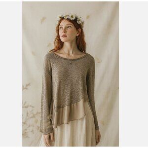 VTG Y2K Deletta Anthropologie Taupe Knit Frayed Trim Sheer Hi-Low